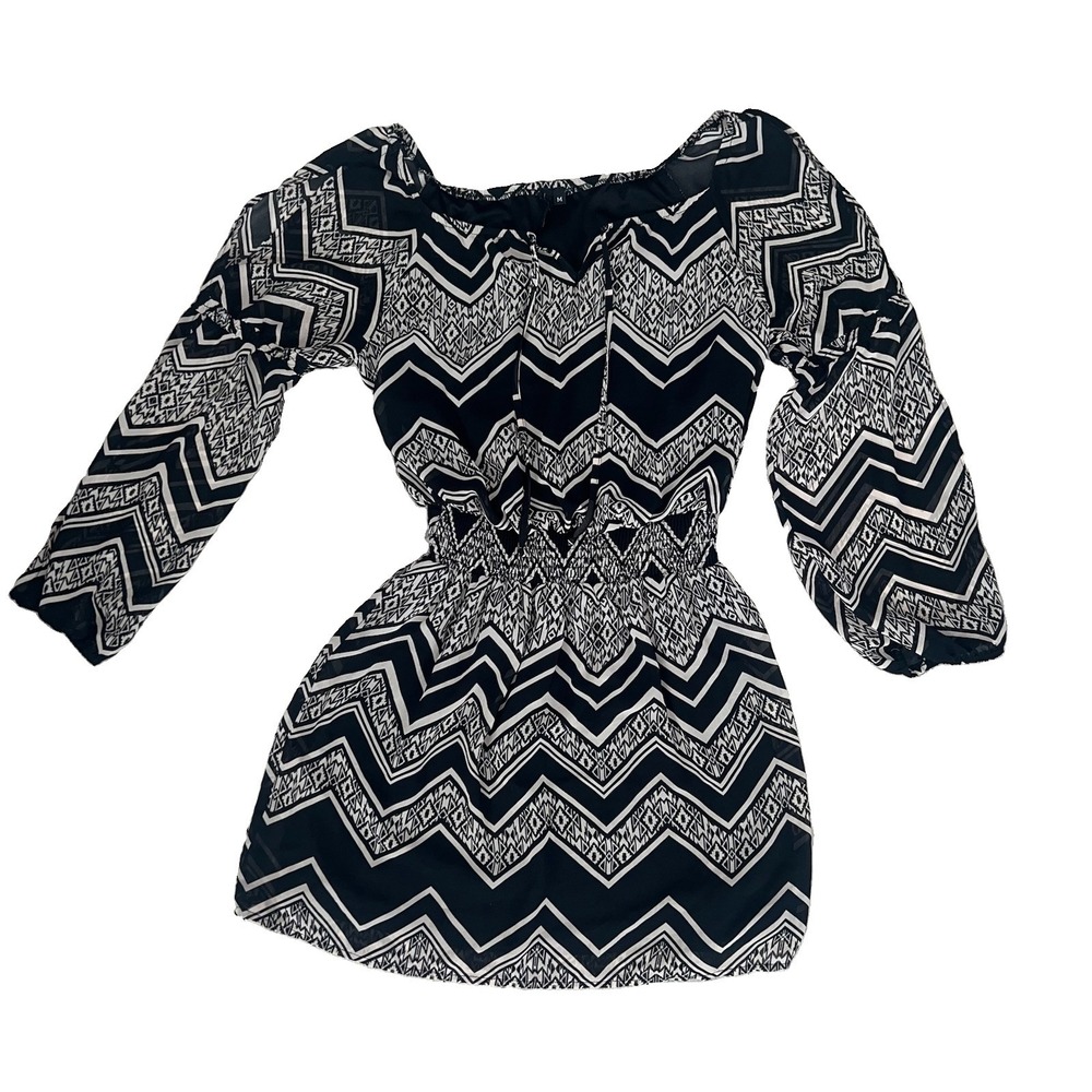 Want and Need Black White Aztec Geometric Mini Dress Long Sleeve Smocked M